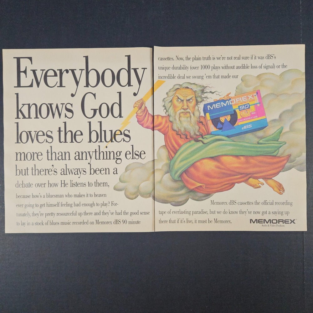 1987 Memorex dBS Cassette Tapes Vintage Print Ad God Loves the Blues Cloud Ride